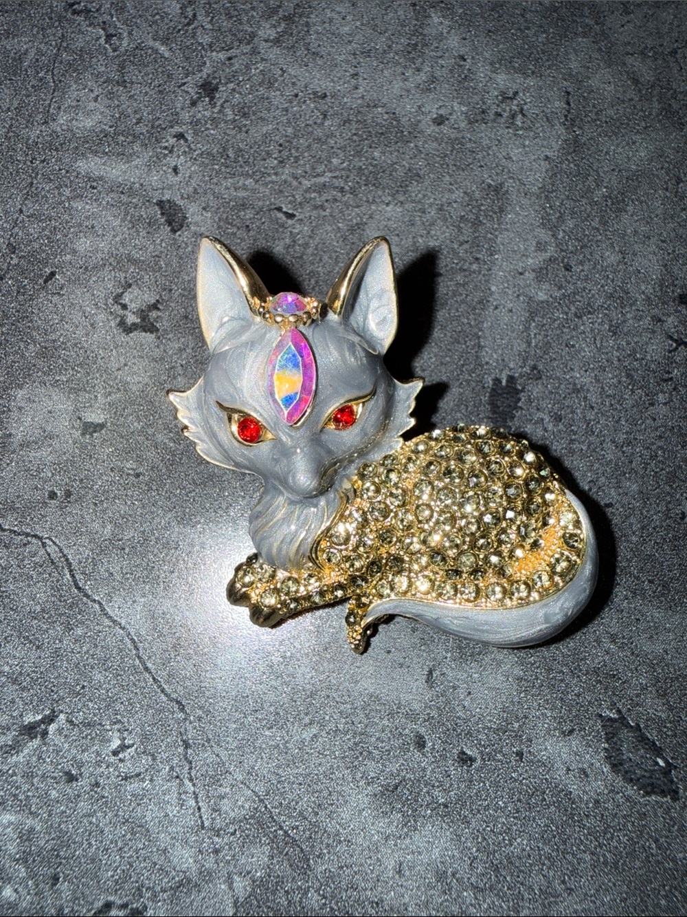 Gray Crystal Fox Brooch with Gold-Tone and Red Accents